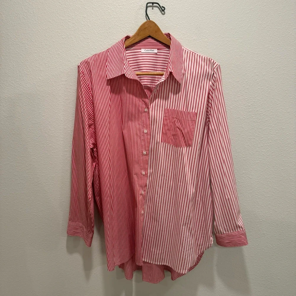 Vintage Calvin Klein Red & White Vertical Stripe Long Sleeve Button Up Size L - Picture 1 of 9